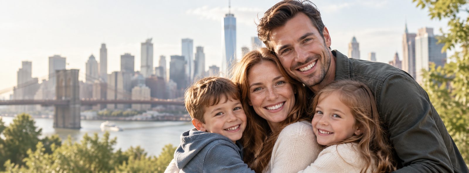 A smiling family of four hugging outdoors, with a city skyline and a suspension bridge in the background