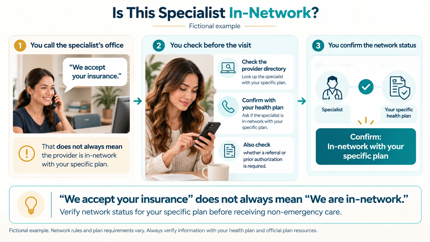 Fictional example showing that a specialist saying 'We accept your insurance' does not always mean the specialist is in-network with a specific health plan, and illustrating steps to verify network status before a non-emergency visit.