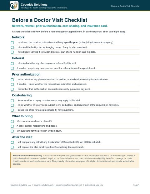 Vista previa de la primera página del PDF de la Lista de verificación antes de una visita al médico