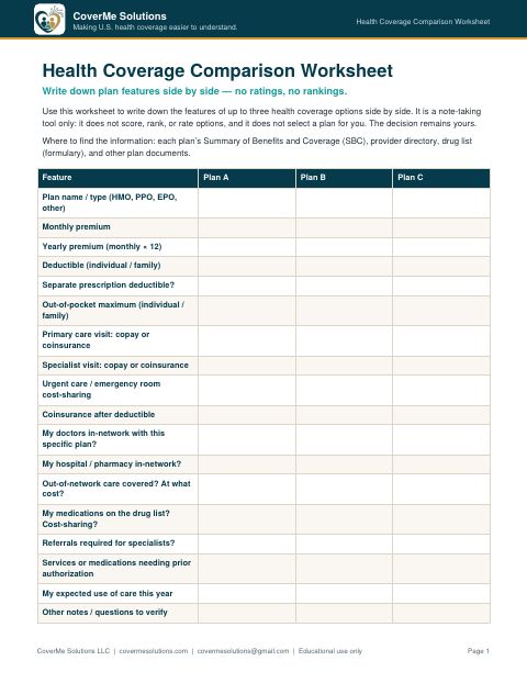 Vista previa de la primera página del PDF de la Hoja de trabajo para comparar coberturas médicas